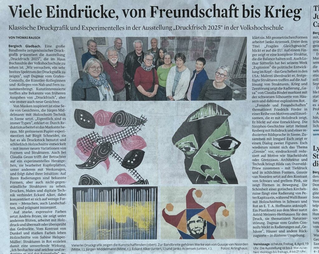 Halbseitiger Artikel des Kölner Stadtanzeigers mit Gruppenbild und Abbildungen von vier Arbeiten aus der Ausstellung
