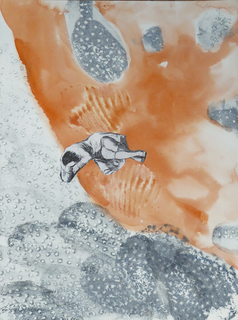 Kartoffeldruck in Indigo verbindet sich mit spontanen Farbverläufen in orange und Fundstücken aus dem eigenen Archiv sowie Fragmenten aus Goyas Caprichos zu einer Traumwelt