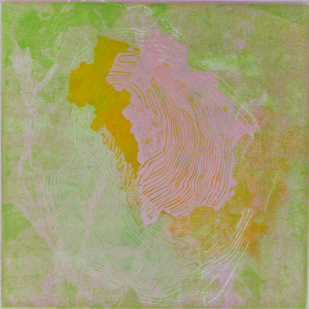 malerisch anmutender Holzschnitt in rosa - gelb- grün in Verbindung mit Monotypie. 
Linien erinnern an Spinnennetz und Florales in der Sonne. 
Unikatkunst