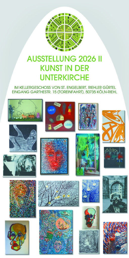 Das Bild ist die Vorderseite des Einladungsflyers der Künstler, die in der Unterkirche von St. Engelbert in Köln Riehl ausstellen werden und zeige von jedem beteiligten Künstler zwei kleine Arbeiten. 